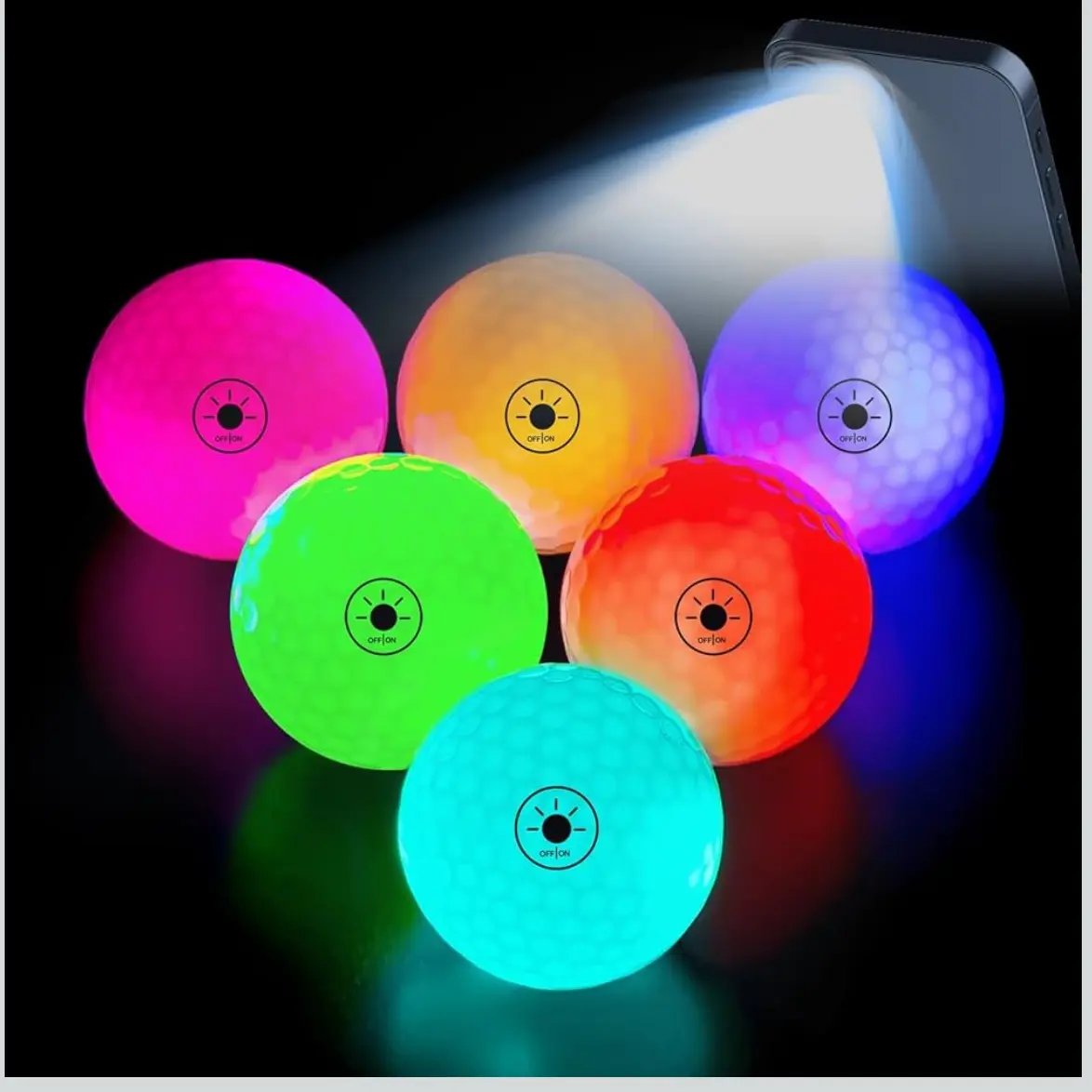 Glow in The Dark LED Golf Balls - 7 Vibrant Colors, Easy On/Off, No Timer, 6 Pack, Built-in Glow for Night Practice & Play, Perfect Gift for Golfers