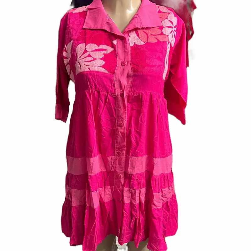 Vestidos de $75 -  Long Embroidered Made in Mexico  Maxi Dress with Ruffle Sleeves and Lace Detail