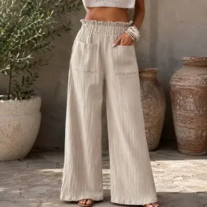 Women's High-Waisted Wide-Leg Flowy Palazzo Pants - Elastic Waist, Beige/Green/Black Casual Summer Bottoms for Beach, Lounging Womenswear Trouser Basic Minimalist
