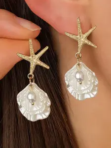 Elegant Summer Resin Shell Pendant Starfish Design Earrings, 1 Pair, Versatile Fashion Jewelry for Women, Perfect for Daily & Evening Events