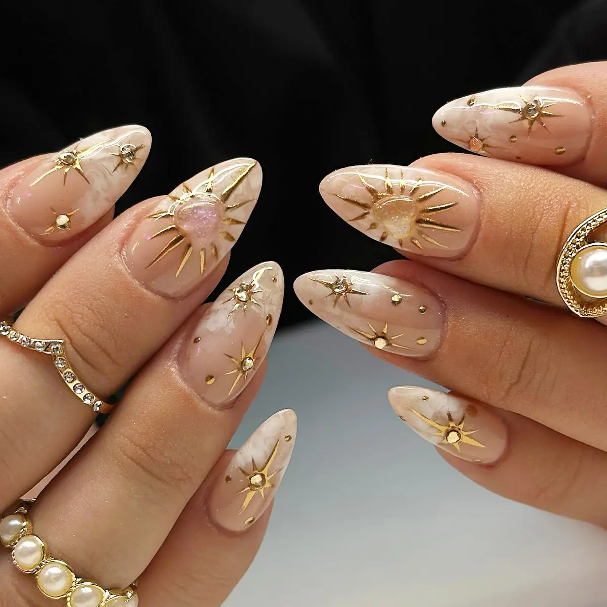 Heart Star Nail Art Stickers, Nail Art Design, Glossy Long Almond Nails, Glossy False Nails, Removable Handmade Wearable Nails, Decorative Nails, 24pcs Set, Glossy Fake Nails