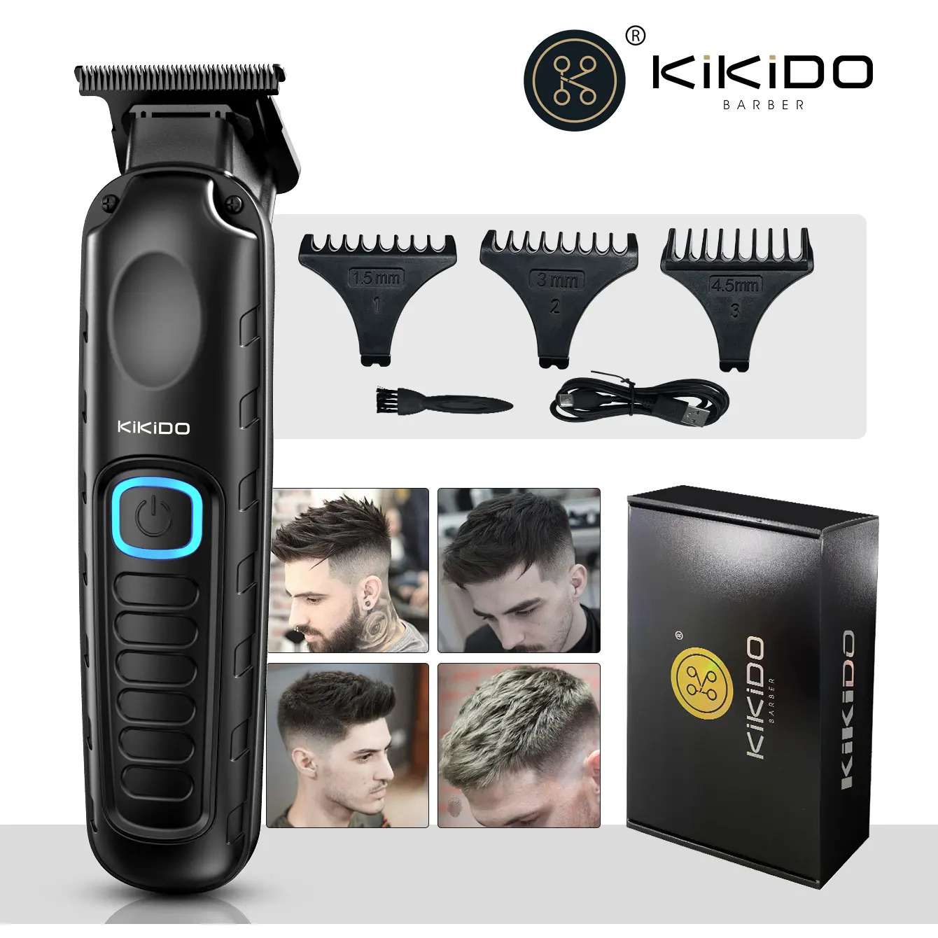 KIKIDO Professional Hair Clippers for Men - Cordless Rechargeable T-Blade Trimmer with 3 Guide Combs, USB Charging Precision Barber Grooming Kit for Fade, Undercut & Beard Shaping