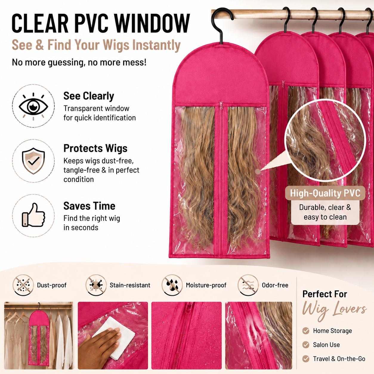 Unisex Hanging Wig Storage Bag - Dustproof Non-Woven Protector with Transparent Front, Hanger, Hanging Hooks, and Wig Tool Accessory, Dustproof Bags