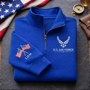 Custom U.S. Air Force Embroidered Quarter Zip Sweatshirt, USA Flag Sweater, USAF 1776–2026 Veteran Gift