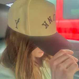 DRUNK Trucker Hat - Beige with Martini Glass Embroidery - Adjustable Snapback Cap for Casual Wear