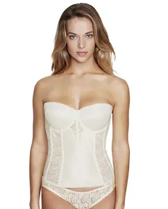 Dominique Colette Lace Longline Strapless Bustier Bra #8949 - Low Back Bridal Corset with Full Support & Shaping - Elegant Lingerie with Detachable Garters - Ivory