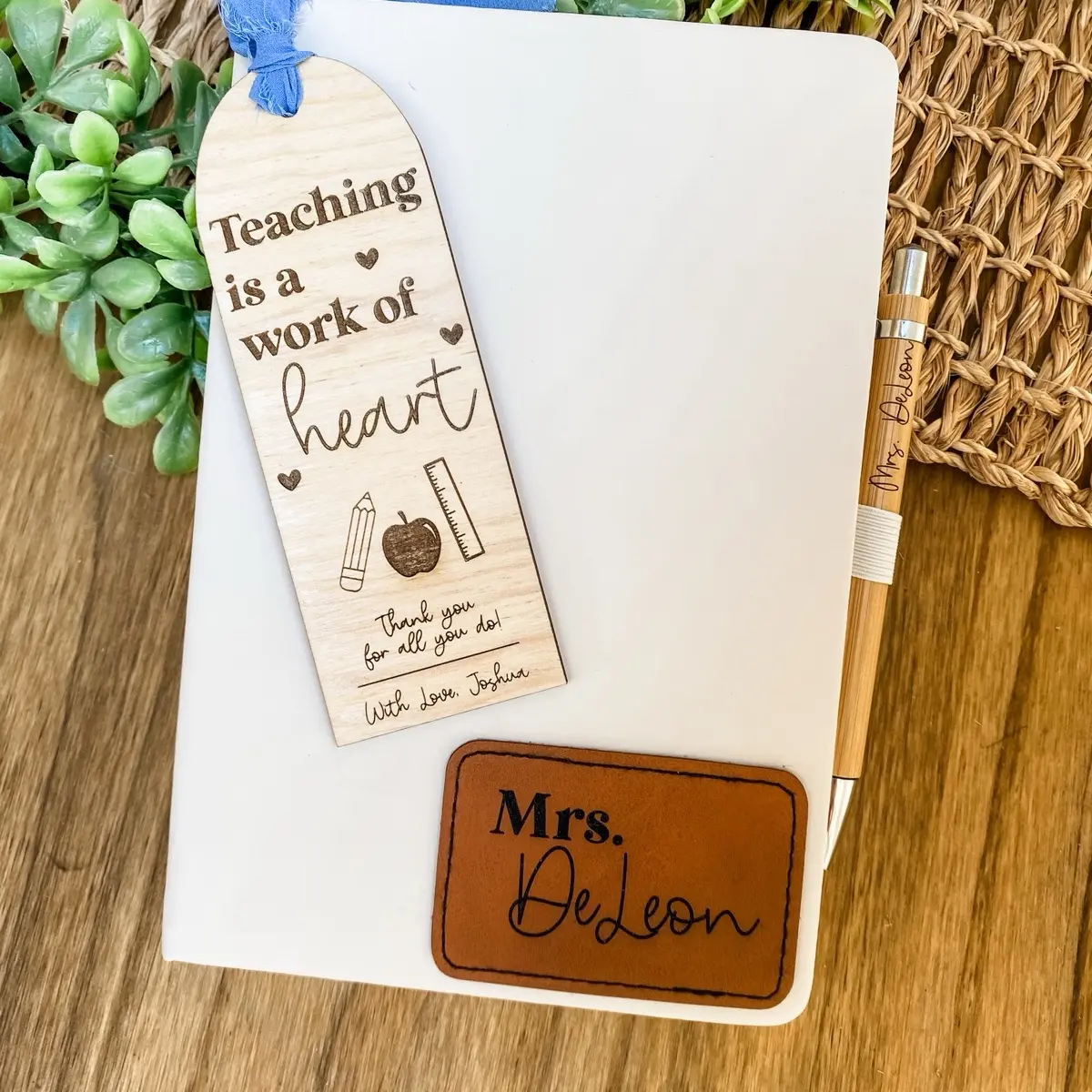 Teacher Appreciation Gift Set with Leatherette Engraved Notebook, Wooden Bookmark with Chiffon Ribbon, and Bamboo Engraved Ink Pen
