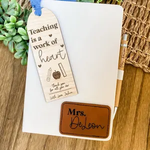 Teacher Appreciation Gift Set with Leatherette Engraved Notebook, Wooden Bookmark with Chiffon Ribbon, and Bamboo Engraved Ink Pen