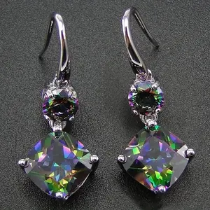 Multicolor Elegant Silvery Plated Rainbow Mystic Topaz Drop Hook Earrings For Women Engagement Wedding Ear Jewelry