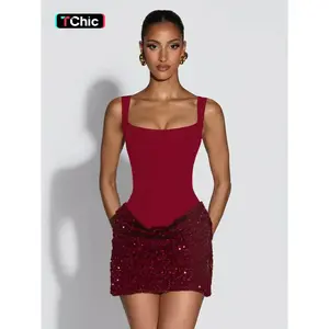 Women's Fashion Solid Color Spaghetti Strap Sleeveless Patchwork Sequin Dress, Elegant Party Wear, All Seasons, Perfect for Daily