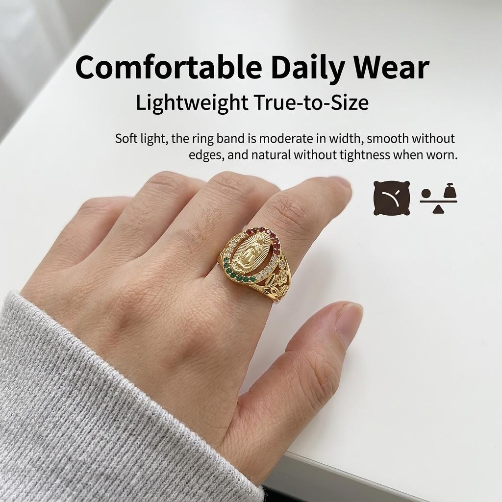 Our Lady of Guadalupe Color Zircon Ring, Vintage Gold Plated Hollow Carved Ring, Religious Prayer Jewelry, Gift for Elderly & Church Members