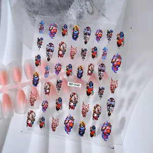 2pcs Gothic Multicolor Skull Nail Art Stickers, Fantasy Mushroom/broken Planet Blue Flame Hand Drawn Nail Decals, DIY or Salon Use, Psychedelic Designs