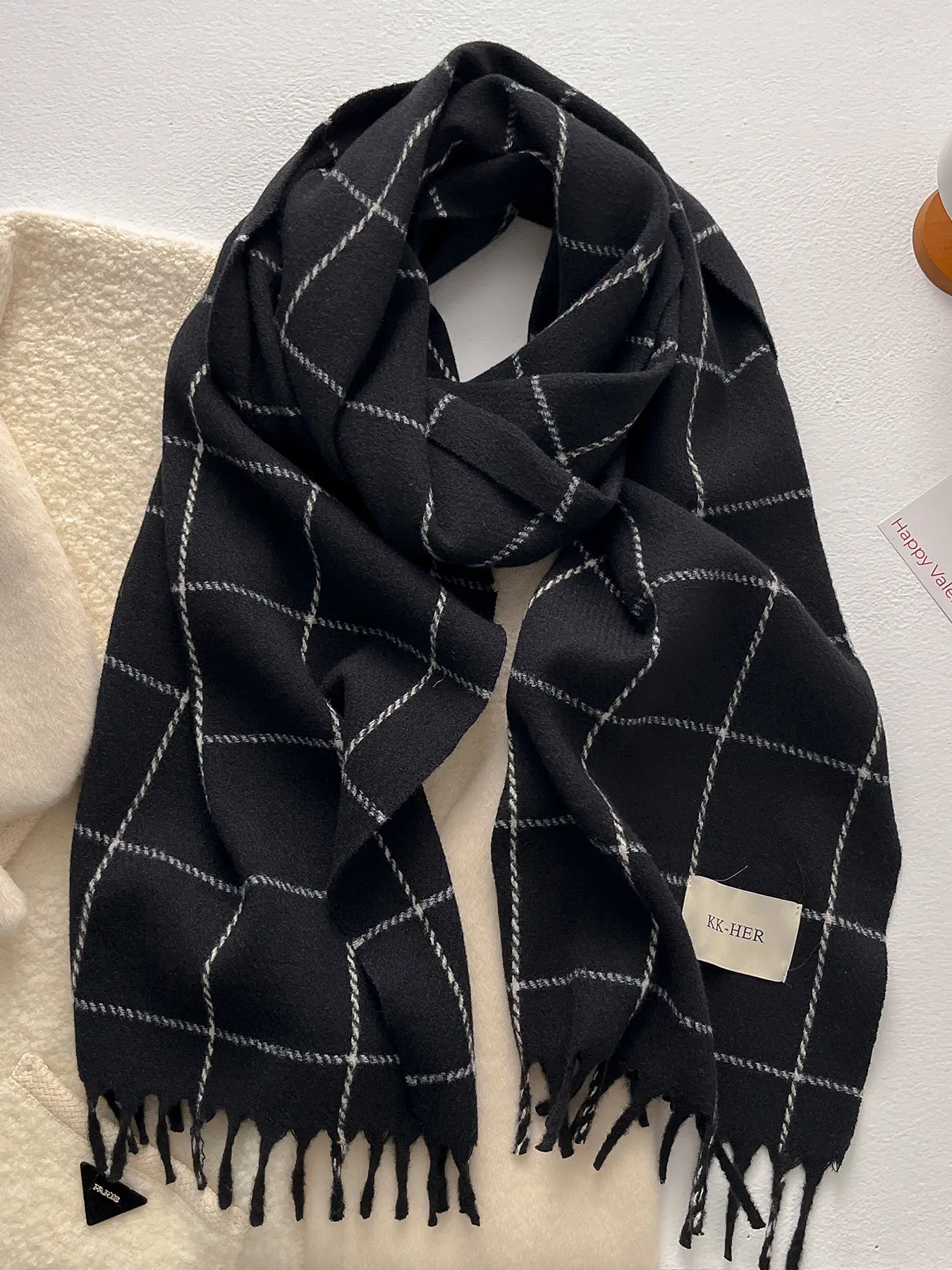 Autumn Winter Plaid Scarf with Long Fringe, Warm Fashion Street Style Design, Soft Comfortable Fabric, Perfect Daily Wear Choice, Checkered Scarf