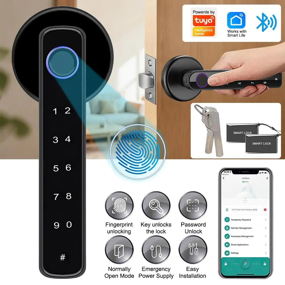 【Toolupgrade】Upgraded Fingerprint Electronic Door Lock (TY196 Model) - Ambidextrous 3-in-1 Keyless Entry Smart Home Gadget, Zinc Alloy Body, Antitheft Bluetooth Access, Fits 30mm-55mm Door Thickness, Full Kit with Batteries for Home Security