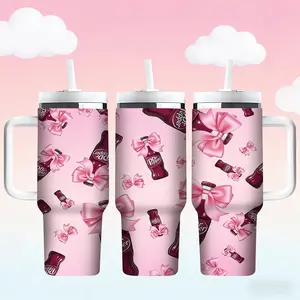 1pc 40oz Dr Pepper Stainless Steel Insulated Cup, Cute Butterfly Knot Design, with Handle Straw, Perfect Gift for Soda Lovers