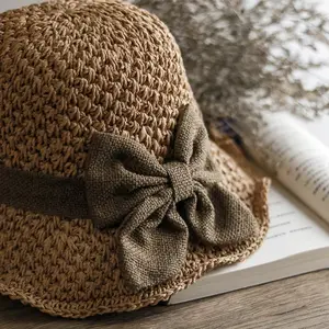 Versatile retro woven handmade straw hat with ruffled bow, elegant French sun hat, foldable, breathable travel beach hat