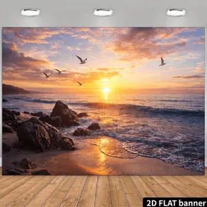 2D Beach-Themed Polyester Backdrop & Banner - Golden Sandy Shore, Crystal Blue Waters, Crashing Waves, Tall Coconut Trees, Soaring Seagulls, Distant Island, Vibrant Sunset Clouds for Birthday Parties