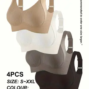 4-Pack Women's Seamless Bras - Elegant Solid Colors, WideStraps and Built-in Bras, Comfortable, Breathable and Wire-free Support, Unpadded Ribbed Texture, Medium SupportBras |Seamless Underwear |Stretch Nylon Blend Plus SizeBras