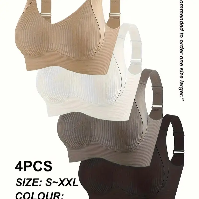 4-Pack Women's Seamless Bras - Elegant Solid Colors, WideStraps and Built-in Bras, Comfortable, Breathable and Wire-free Support, Unpadded Ribbed Texture, Medium SupportBras |Seamless Underwear |Stretch Nylon Blend Plus SizeBras