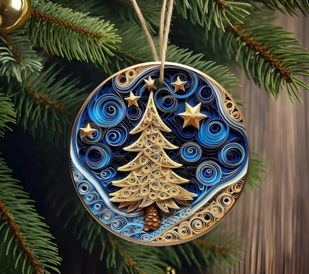 Spectacular Navy and Gold 3D look Non-Textured Christmas Tree Quilling Ornaments,Two-Sided Acrylic Ornament, Christmas Decoration,Xmas Gift