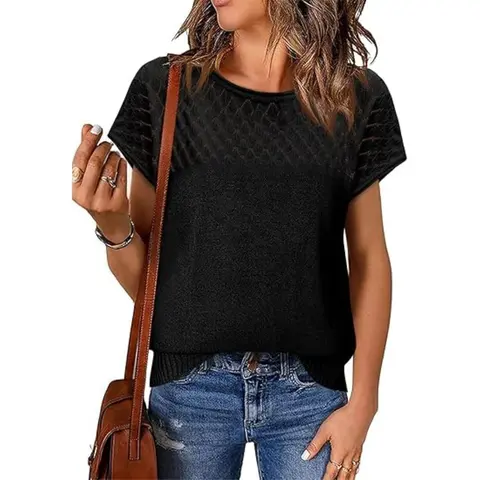 Imily Bela Womens Short Sleeve Sweaters Casual Crewneck Crochet Knit Summer Shirts Loose Trendy Pullover Tops