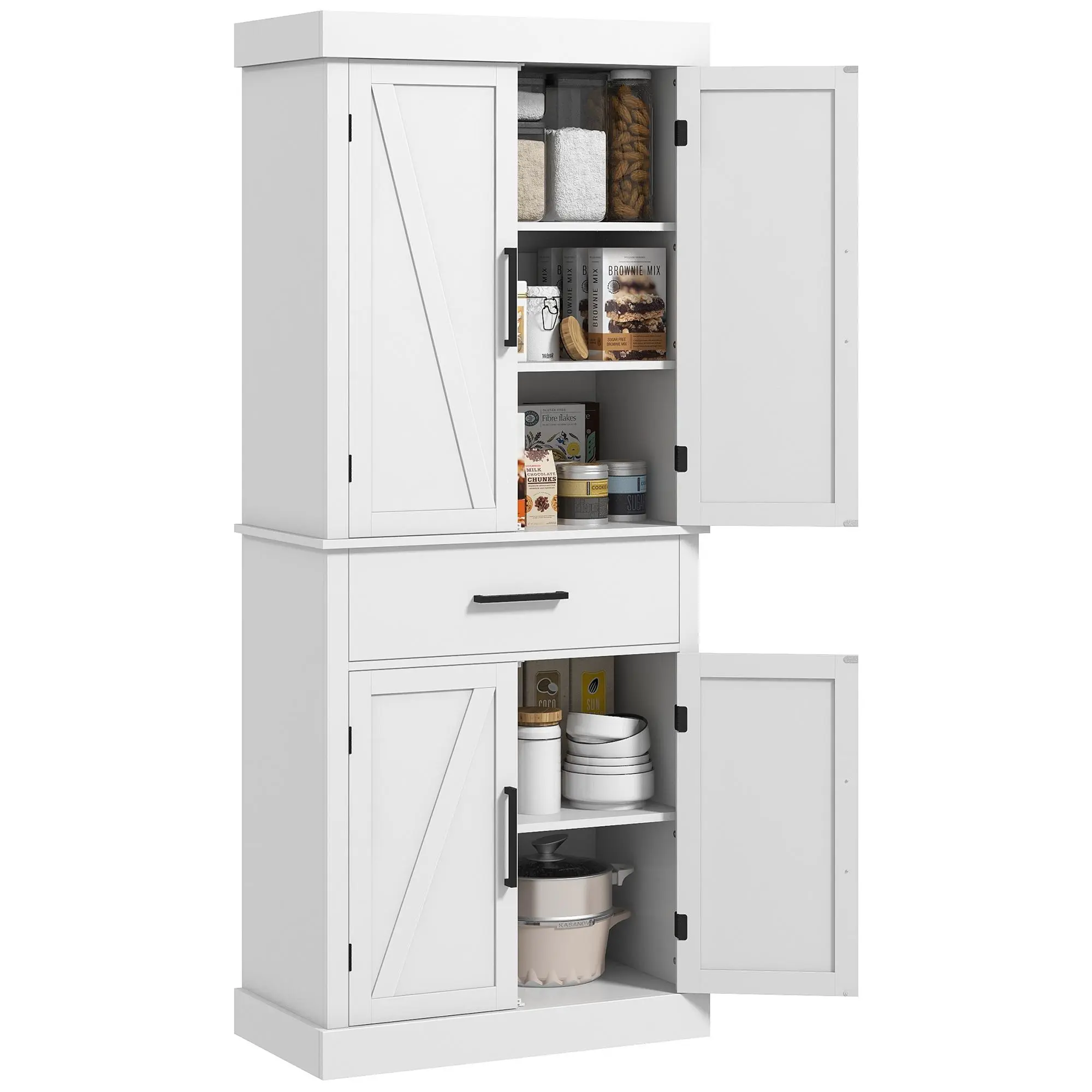 HOMCOM 72" Tall Farmhouse Freestanding Pantry Cabinet - Floor-to-Ceiling, User-Friendly, Wall-Safe, Custom-Assembled, Locking Floor Cabinets with 4 Barn Doors, 1 Drawer, 5-Tier Adjustable Shelves for Kitchen Storage, Floor-To-Ceiling Floor Cabinets
