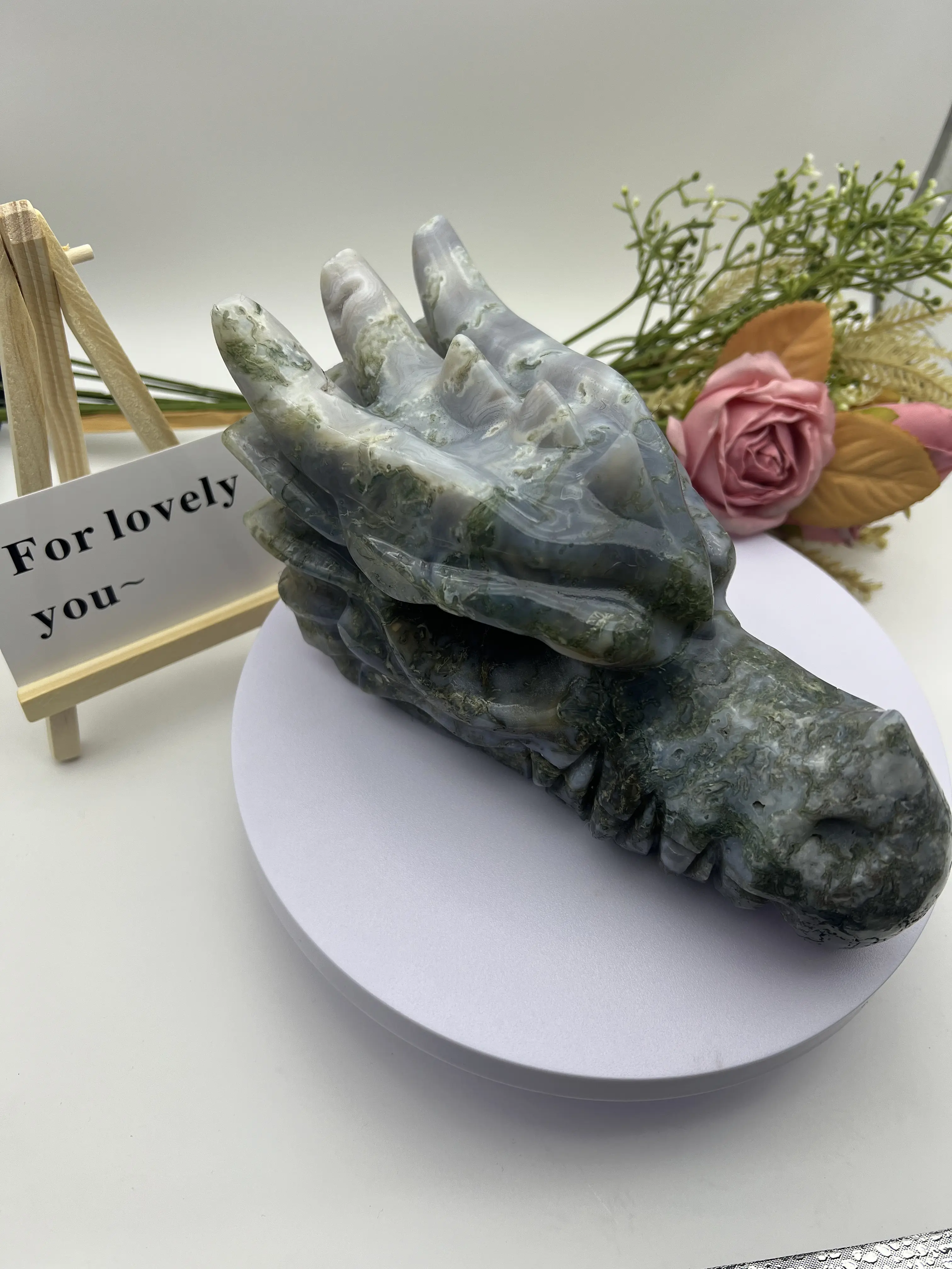 Natural Crystal Moss Agate Dragon Head Decor - Agate Chalcedony Jewelry Accessory Derivative, 1.58kg, 90cm High, 180cm Long, Carefully Packaged
