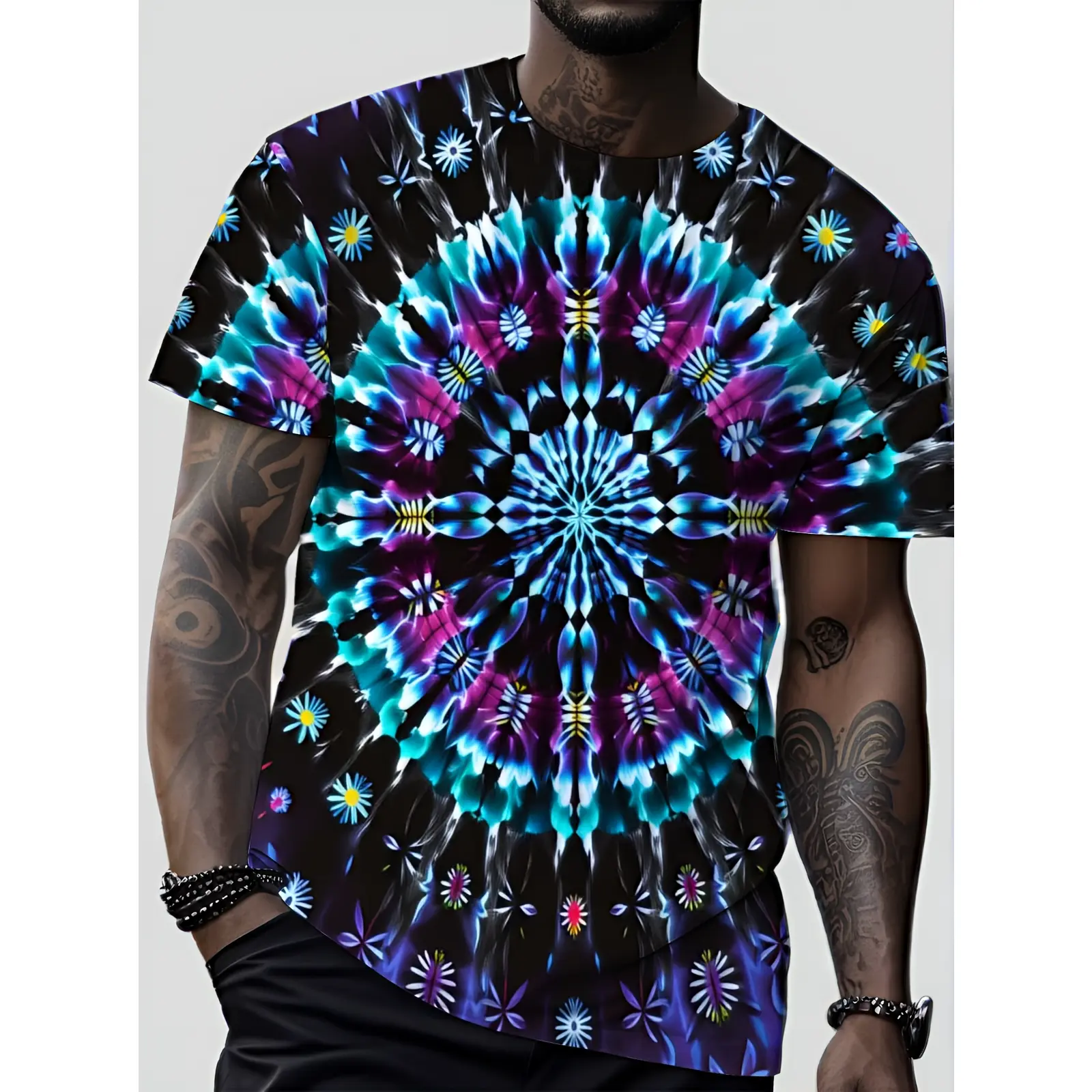 Men's T-Shirt, Full-Body Tie-Dye Mandala Print, Psychedelic Short Sleeve Round Neck Summer Top, Vibrant Suitable for Beach Parties Casual Wear & Style, Plus Size Available, Regular Fit