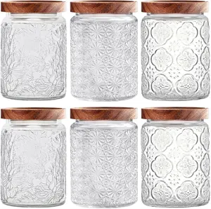 Vintage Glass Jars with Wooden Lids, 6 Pack 24 oz Airtight Glass Food Storage Containers Sets for the Kitchen, Sugar Coffee Candy Spice Cookie Tea Pasta