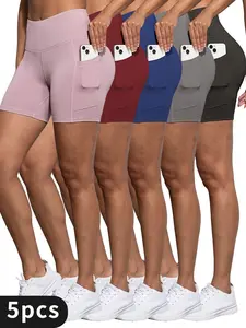 5PCS Women's Back To School High Waist Pocket Sports Shorts, Solid Cycling Shorts with Phone Pockets, Gym Shorts, High Stretch Skinny Biker Shorts, Gym Clothes, Quick Drying Yoga Workout Leggings, Fitness Sportswear Bottoms, Gym Clothing, Workout Shorts