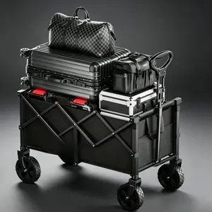 Collapsible Foldable Wagon Cart, 330 Lbs Heavy Duty All Terrain Utility Cart with Metal Frame, Suitable for Beach, Lawn, Sports and Camping, Black