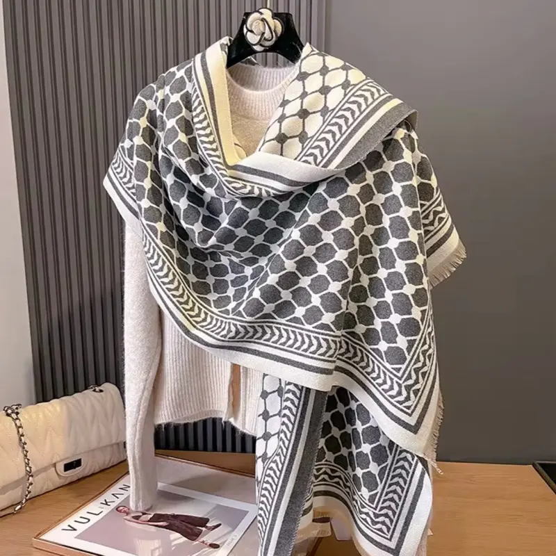 Cashmere Feel Palestine Keffiyeh Pattern Shawl for Women | Soft Winter Scarf | Palestinian Keffiyeh Pattern Wrap | Oversized Autumn Fashion Scarf | Black Gray Khaki