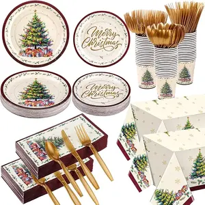 352 Pcs Christmas Tree Party Supplies Serve 50 Guests Christmas Paper Plates Cup Napkin Plastic Cutlery Tablecloth Holiday Disposable Tableware Set for Xmas Dinner Party Decoration