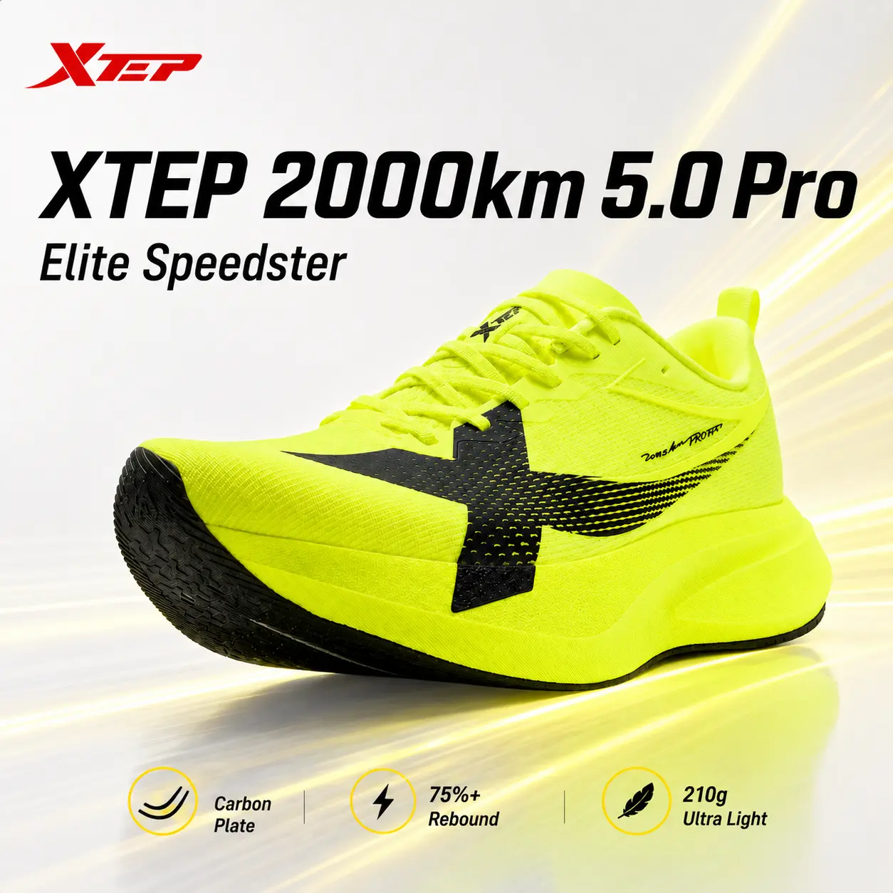XTEP 2000km 5.0 Pro Men's Running Shoes,Fluorescent Lemon Yellow/Black 5.0 Pro,Propulsion King,Max Energy Return,Featherlight Racing Spec and The Pro Edge