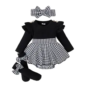 Infant Baby Girl Bodysuit Dress Clothes 3M 6M 12M 18M Long Sleeve Houndstooth Print Romper Dress + Headband + Long Socks