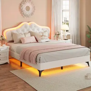 Sikaic Princess Velvet Upholstered Platform Bed Frame with Adjustable Crystal Button Headboard and RGB LED Lights Creamy White Furniture Design Home Pink