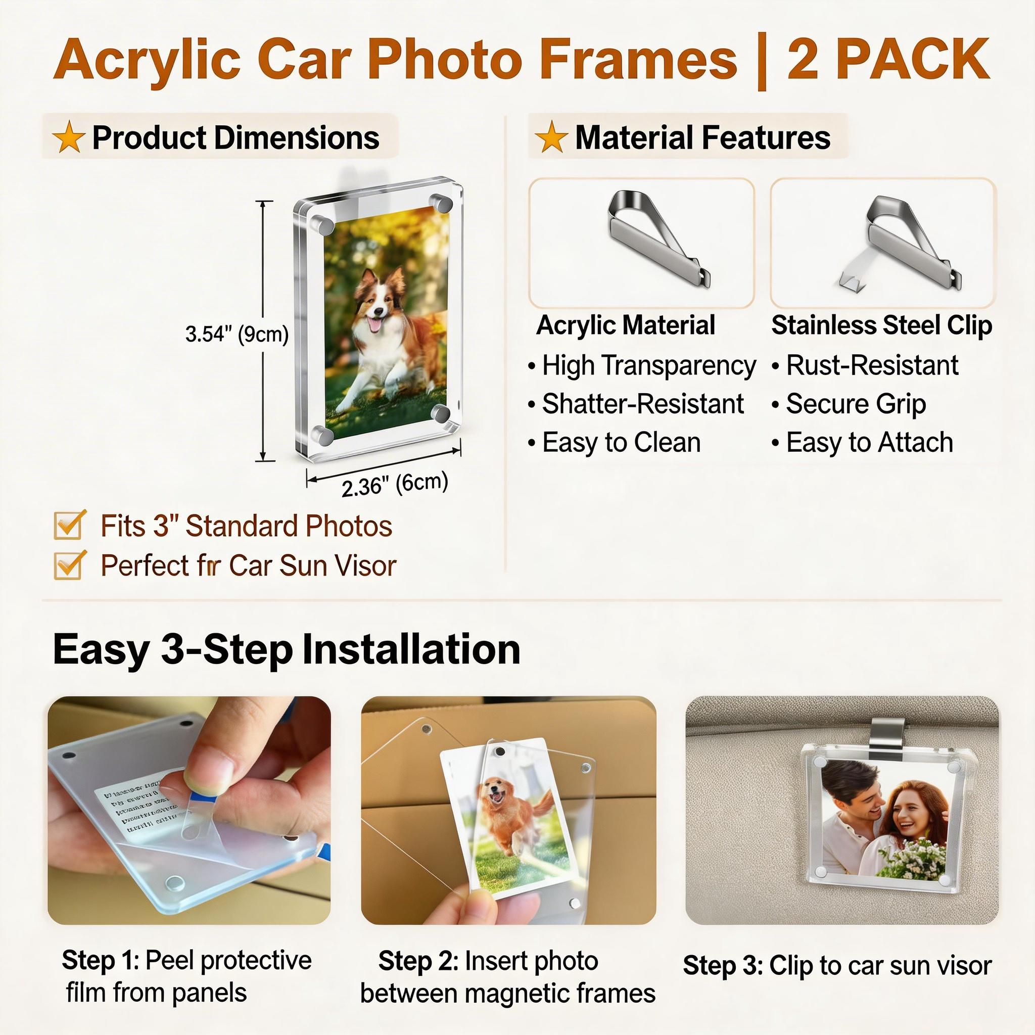 CarSun Visor Photo Clips 2 Pack - Magnetic Acrylic Snap Clips for 3.5x2.3 Inch Photos DIY Customizable Car Decor Universal Fit for All Cars Perfect Gift for Couples Family & Pet Memorabilia
