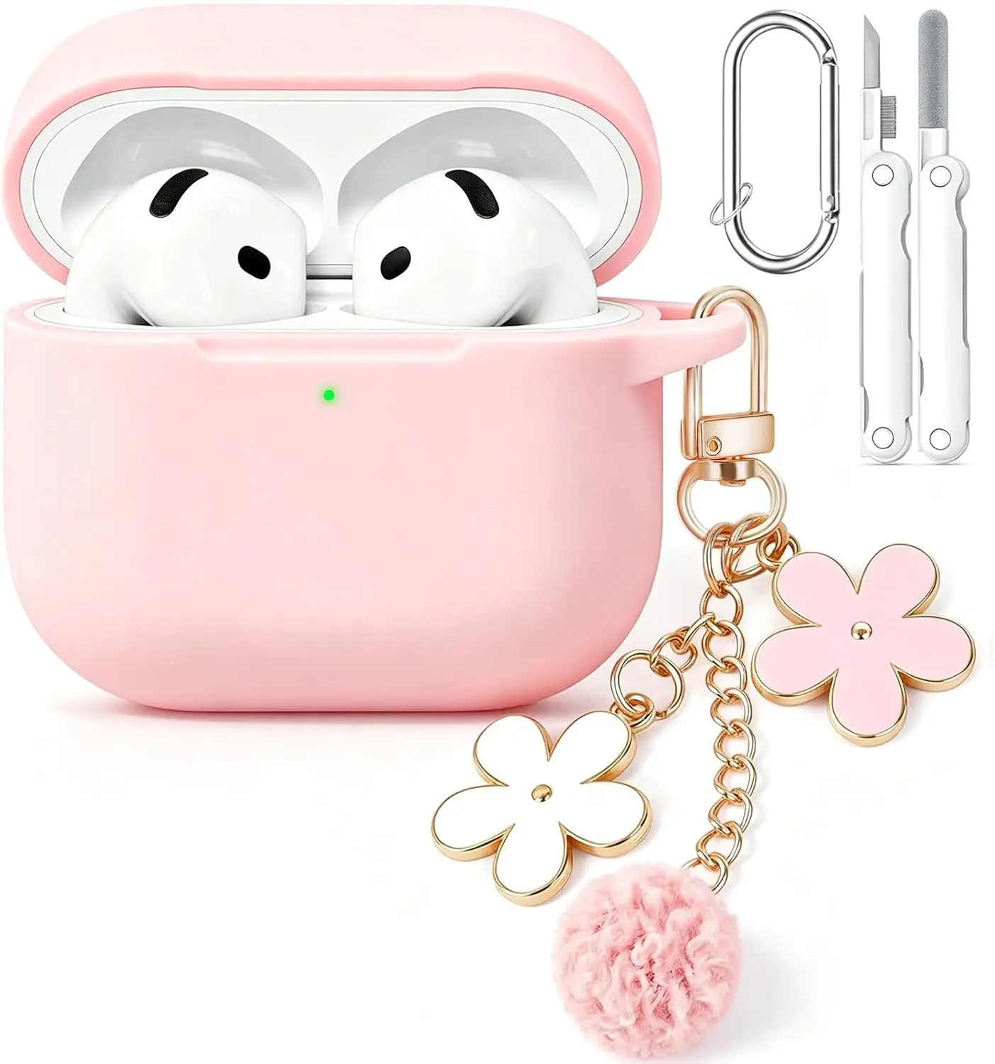 AirPods 4 Case Cover, Soft Pink Silicone Protective Case Compatible with Apple AirPods 4th Generation, Cute Girly AirPods Case for Women with Flower Chain, Keychain and Cleaner Kit, Shockproof Scratch Resistant Protective Shell