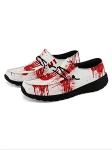 Women's Fashionable Halloween Theme Blood Splatter Print Lace Up Low Top Shoes, Casual Comfortable Round Toe Shoes for Daily Wear, Female All-match Shoes for Women & Girls
