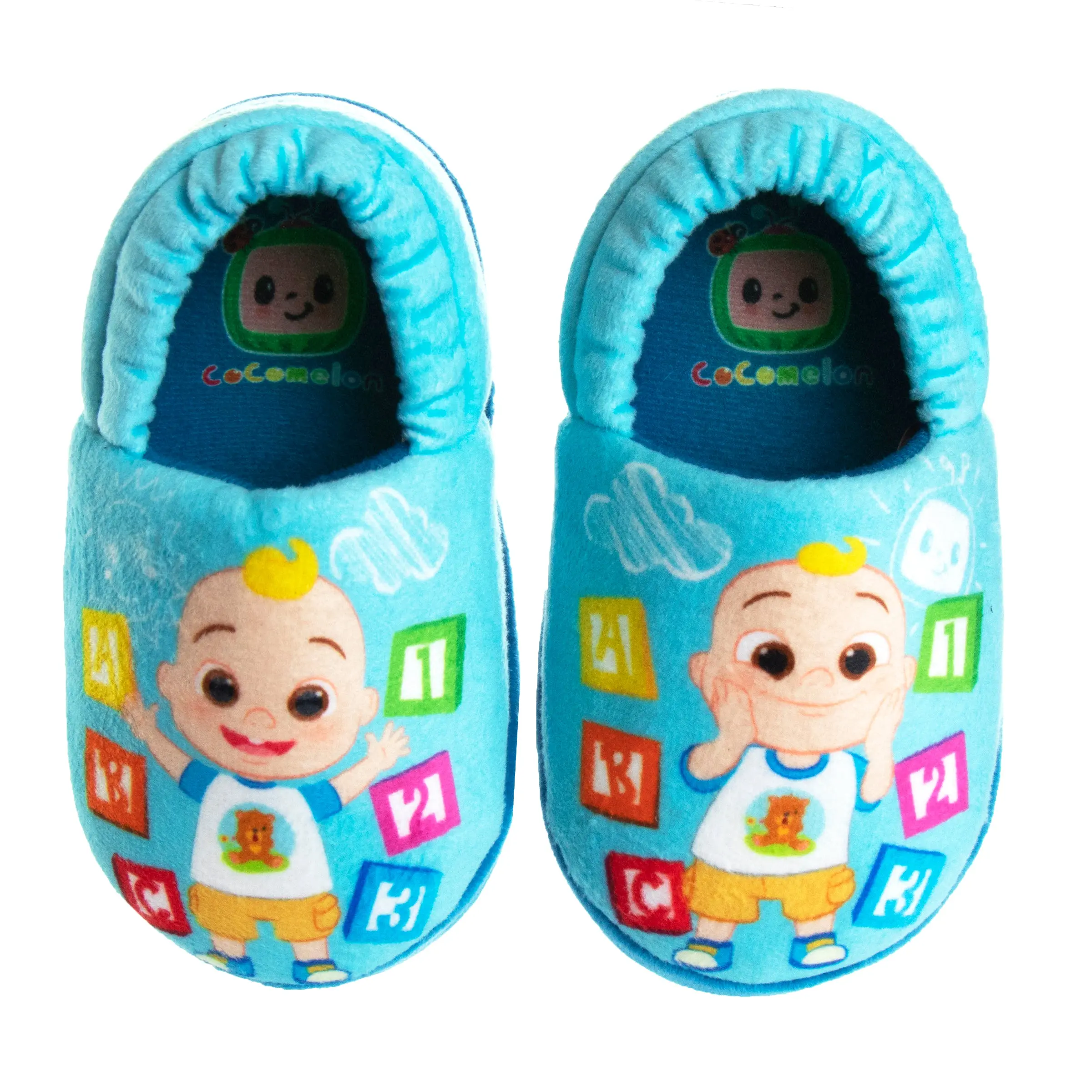 Josmo CoComelon Dual-Size Fuzzy Warm Slippers for Toddler Boys, Lightweight Plush Padded Kids' Footwear with Non-Slip Sole for Sleepovers, Lightweight Slippers, Slides Slippers