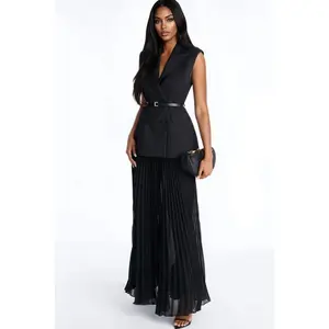 Aria Belted Blazer Pleated Maxi Skirt Set - Black