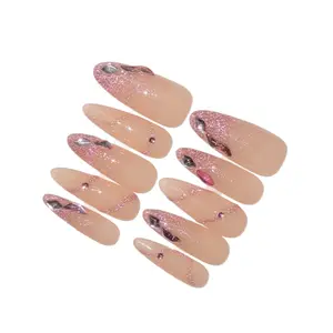 Handmade Almond Shape Press-On Nails, Nude Glitter, Luxury -Enhancing, Detachable False Nails, Long-Length, High-Quality