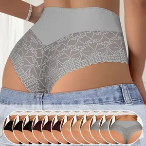 Morelect 12 Pcs Trendy High Rise Thong for Women, Delicate Heart Lace T-Back Panties, Comfortable Elastic Waist Lingerie, Invisible Smooth No-Show Fit, Feminine Briefs Multi-Pack