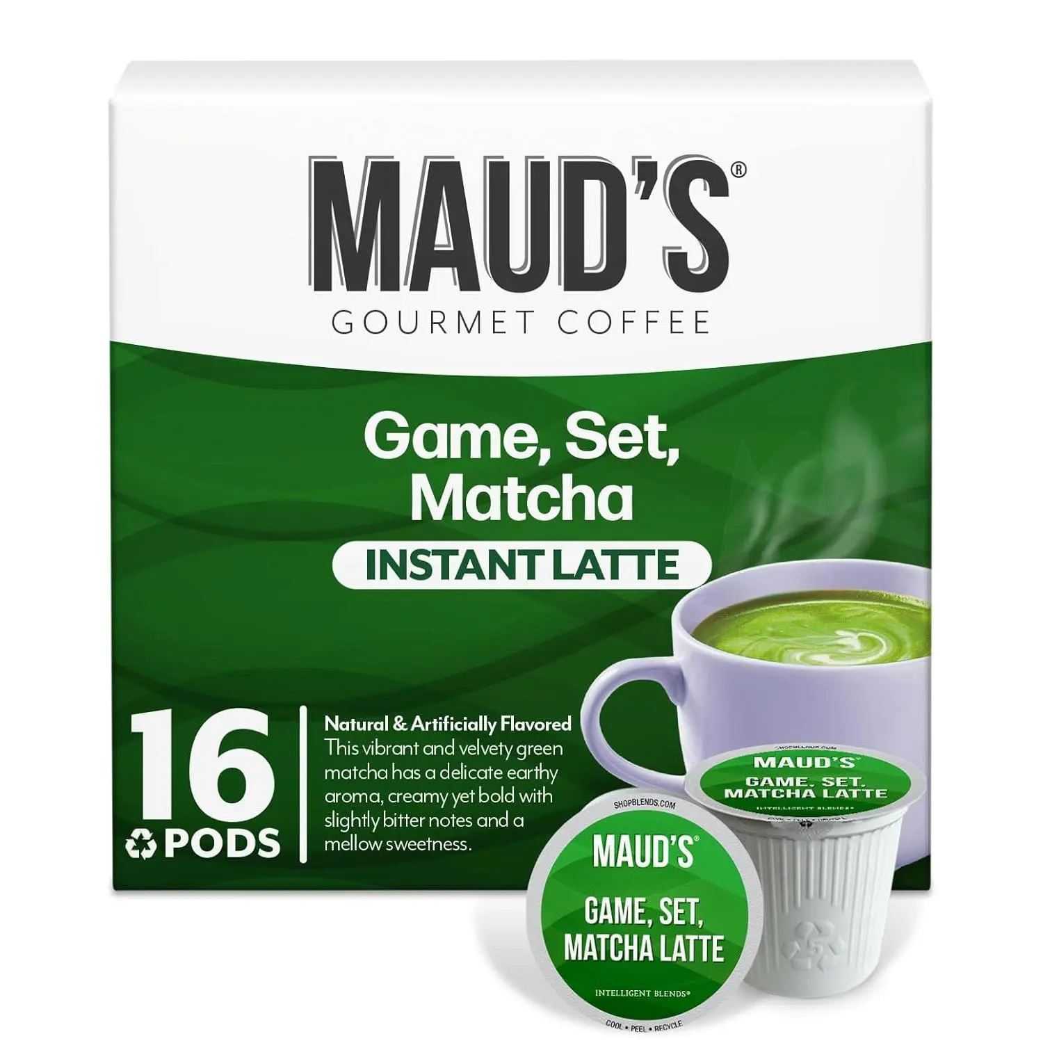 Maud's Matcha Latte, 16 ct, Recyclable Single Serve Tea  Compatible with Keurig K Cups Maker