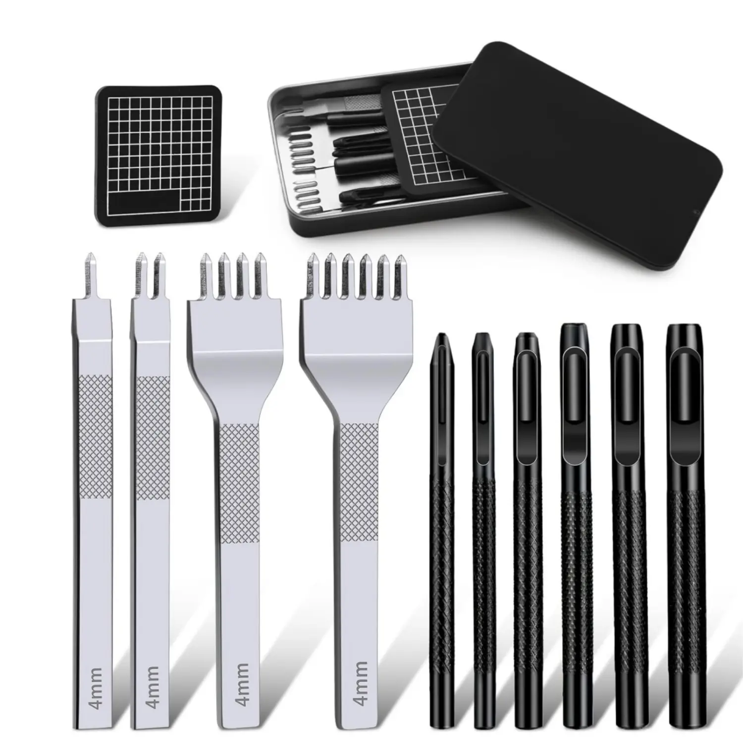 12Pcs Leather Stitching Punch Hole Punch Tool Set, 4mm 1/2/4/6 Prong Punch Chisel, Round Hole Punch for Belt, Watch Band, Leather Strap DIY Crafts - Home Improvement.