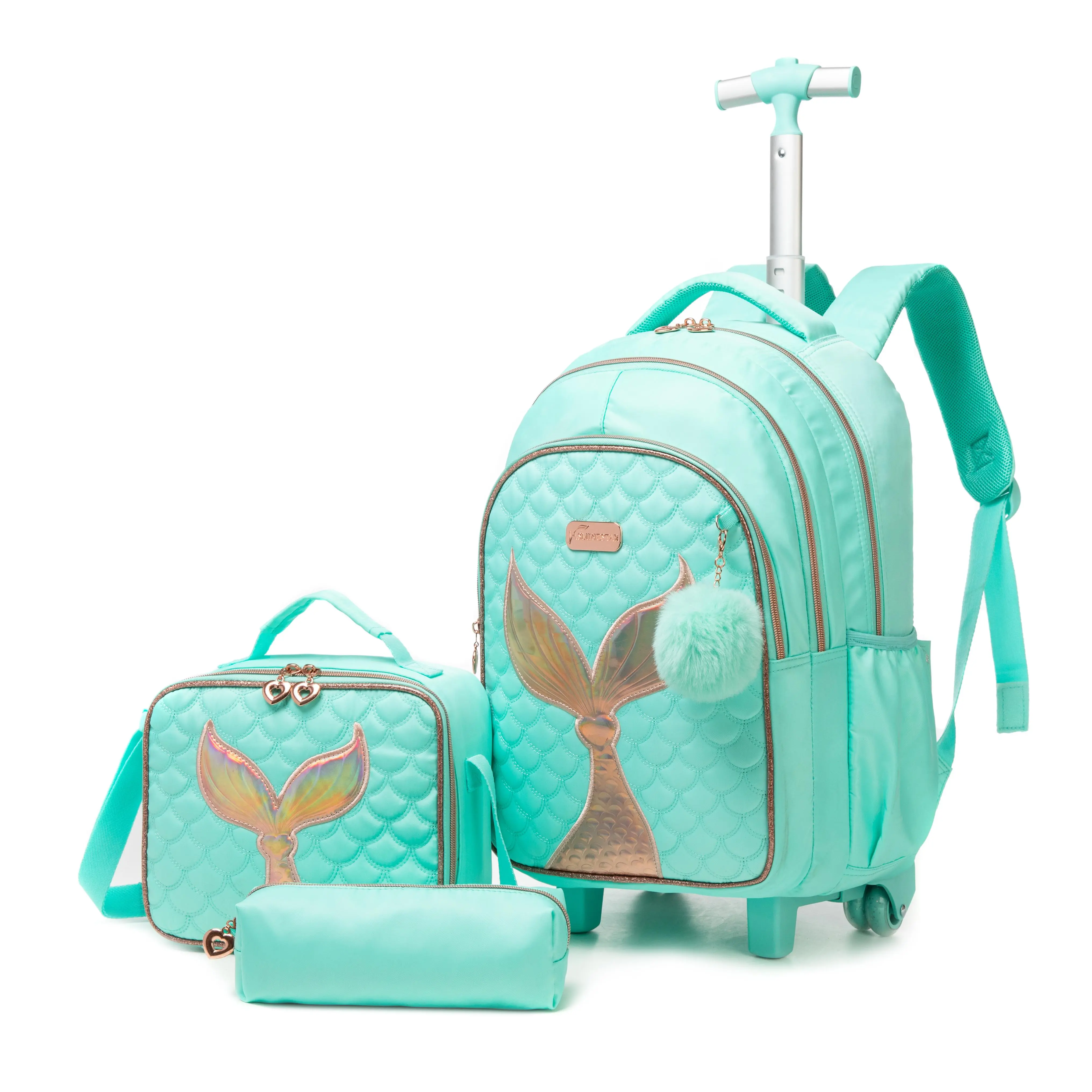 Girls' 3-Piece Mint Quilted Mermaid Rolling Backpack Set - With Lunch Bag & Pencil Case, Lightweight Preppy Multifunctional Carry On for Back to School Haul, First Day of School, Holiday, Everyday Carry, Rose Gold, Backpacks For Girls, Carry On Backpacks