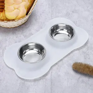 Antislip Double Dog Bowls with Silicone Mat for Pets