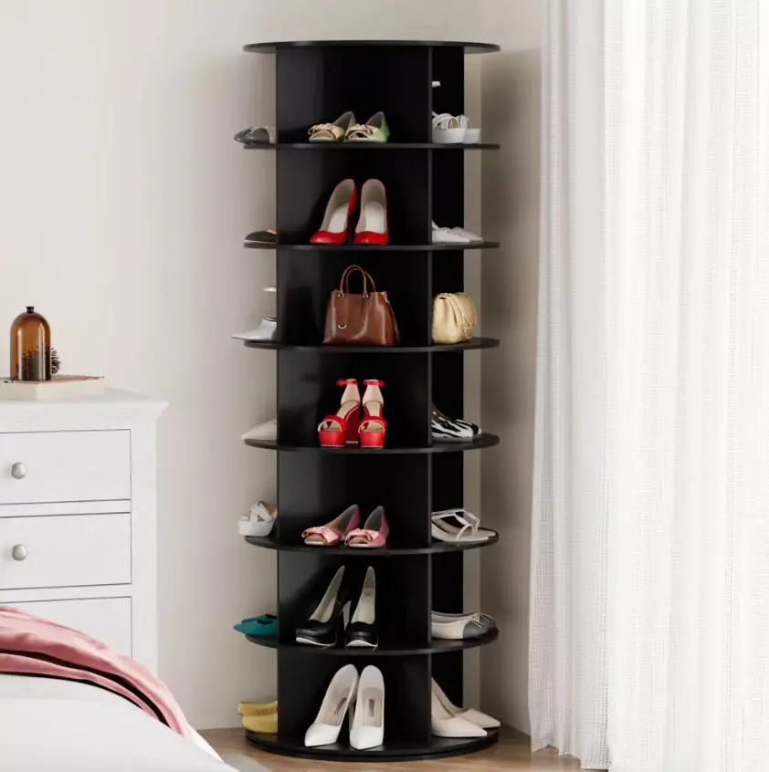 7-Tier Black Plastic Round Lazy Susan Closet Carousel Organizer - Vertical Layout, Adjustable Shoe Stand, 360° Rotating Organizer, Multi-Tier Shoe Rack for Closet, Effortless Access, Handbag Storage Unit