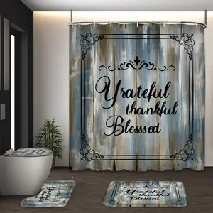 LVRLVR 4Pcs Grateful Thankful Blessed Rustic Wood Plank Print Farmhouse Blue Shower Curtain Set 70.8×70.8 Inch
