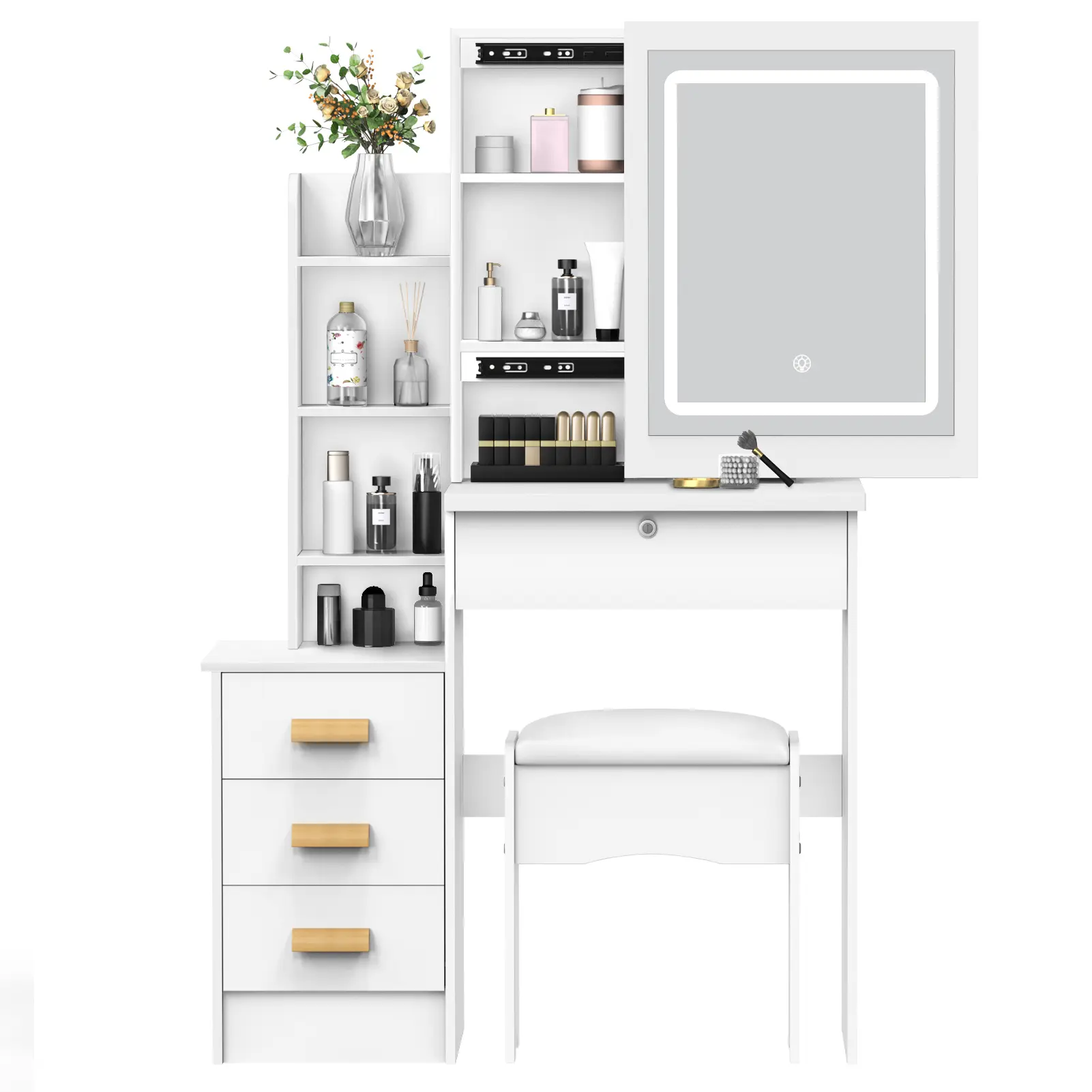 Modern LED Vanity Dresser - Lighted Makeup Desk with Sliding Mirror, 3-Color Lights, 4 Drawers, Open Shelves, Hidden Storage, Wooden Handles, Easy Assembly, 31.5"x14.6"x52", Ideal Gift for Valentine's Day